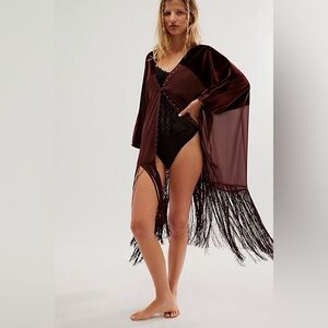 NWOT Free People Velvet Dreams Fringe Kimono In Color Aubergine Brown One Size